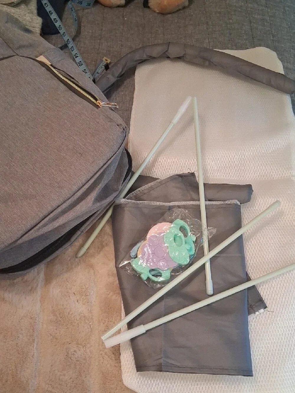 LAND Gray Baby Bag Backpack Pack And Play with Gold Zippers